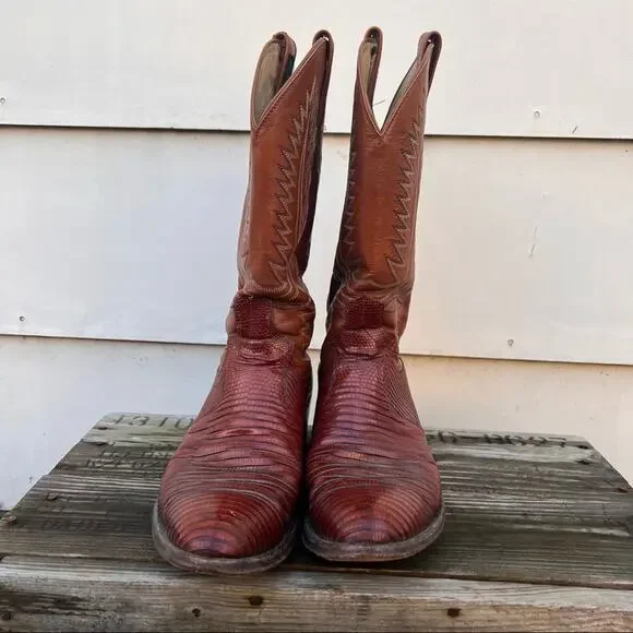 Vintage Dan Post 12A Tegu Teju Lizard brown cognac cowboy western boots